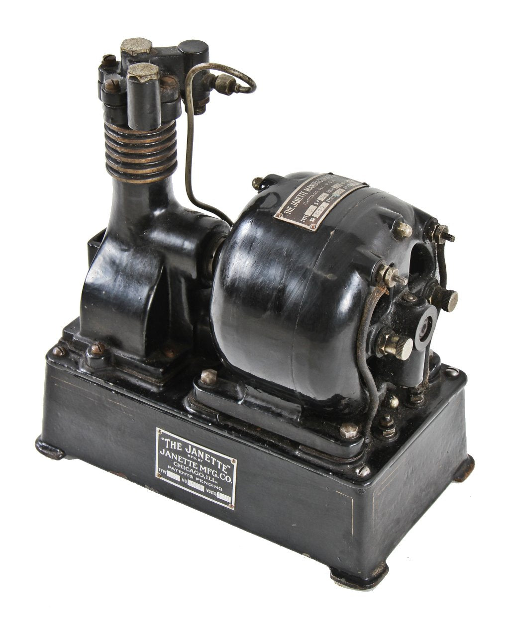 early 20th century rare antique american industrial "type e" janette self-contained single-cylinder air compressor with original baked black enameled finish