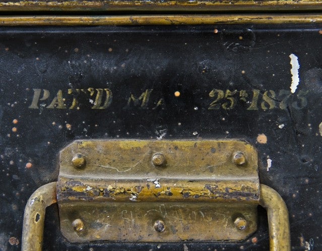 remarkable heavily reinforced c. 1870's antique american industrial "fire-proof" riveted joint strong box with opposed strap hinges and cement tile interior