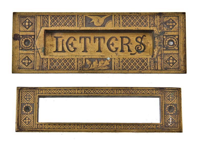 unusual 19th century american antique anglo-japanese style ornamental cast brass residential door "letters" mail slot and cover