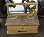 original c. late 19th or early 20th century fully enclosed largely intact solid oak wood druggists' scale with beveled glass hinged cabinet top