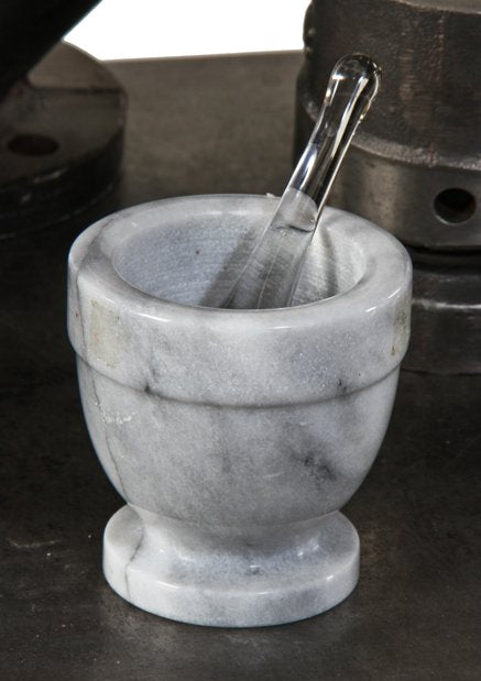 c. 1900-10 original american medical carved alabama marble drugstore or pharmacy mortar with clear glass pestle