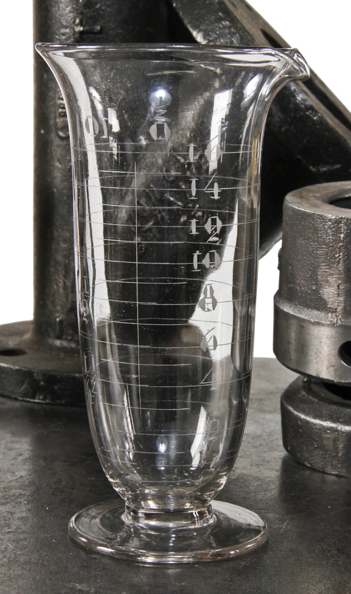 c. 1900's original antique american medical freestanding lightly etched 16 fluid ounce pressed glass conical measure with pedestal base