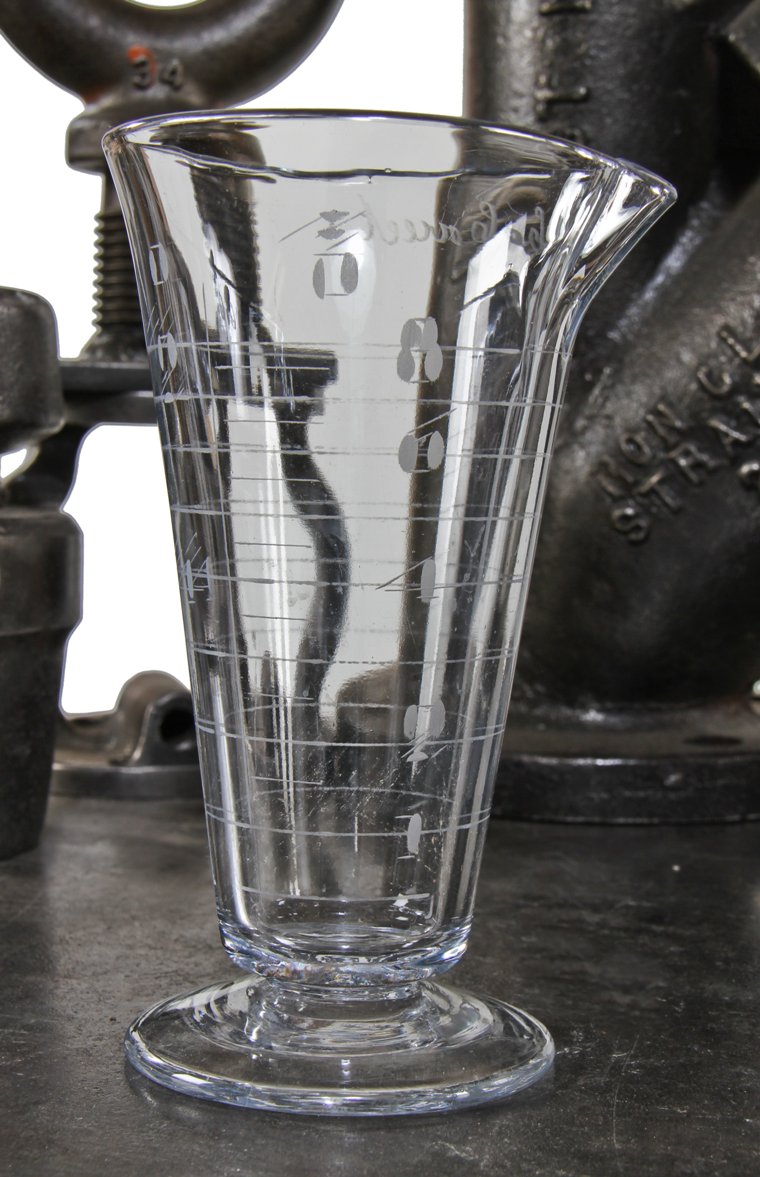 c. 1900's original antique american medical freestanding pressed clear glass apothecary conical-shaped measure with etched markings