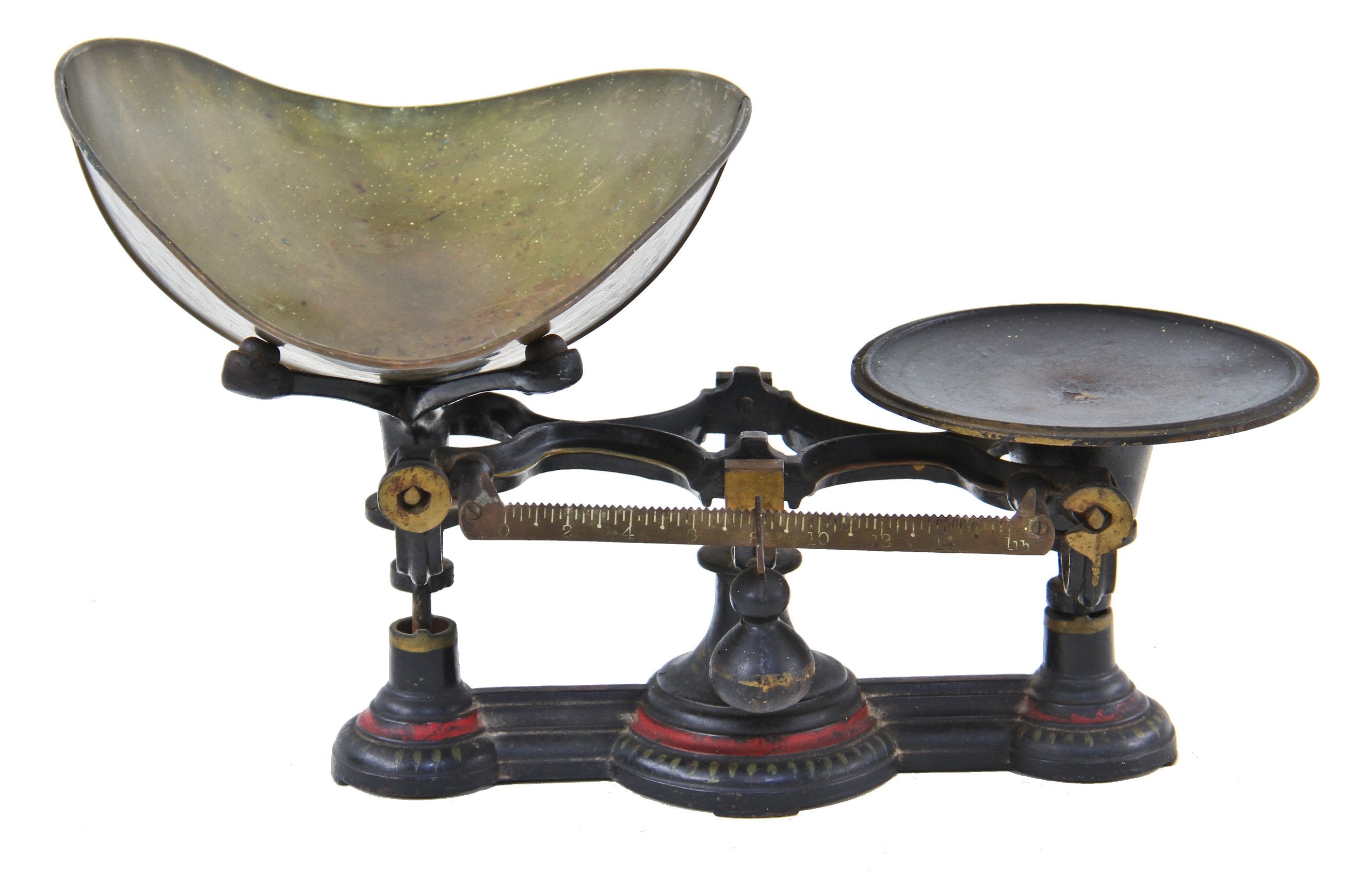 late 19th or early 20th century chicago drugstore polychromed cast iron countertop druggists weighing scale with oversized wrought brass scoop