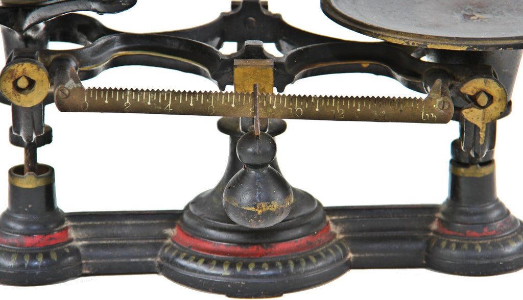 late 19th or early 20th century chicago drugstore polychromed cast iron countertop druggists weighing scale with oversized wrought brass scoop