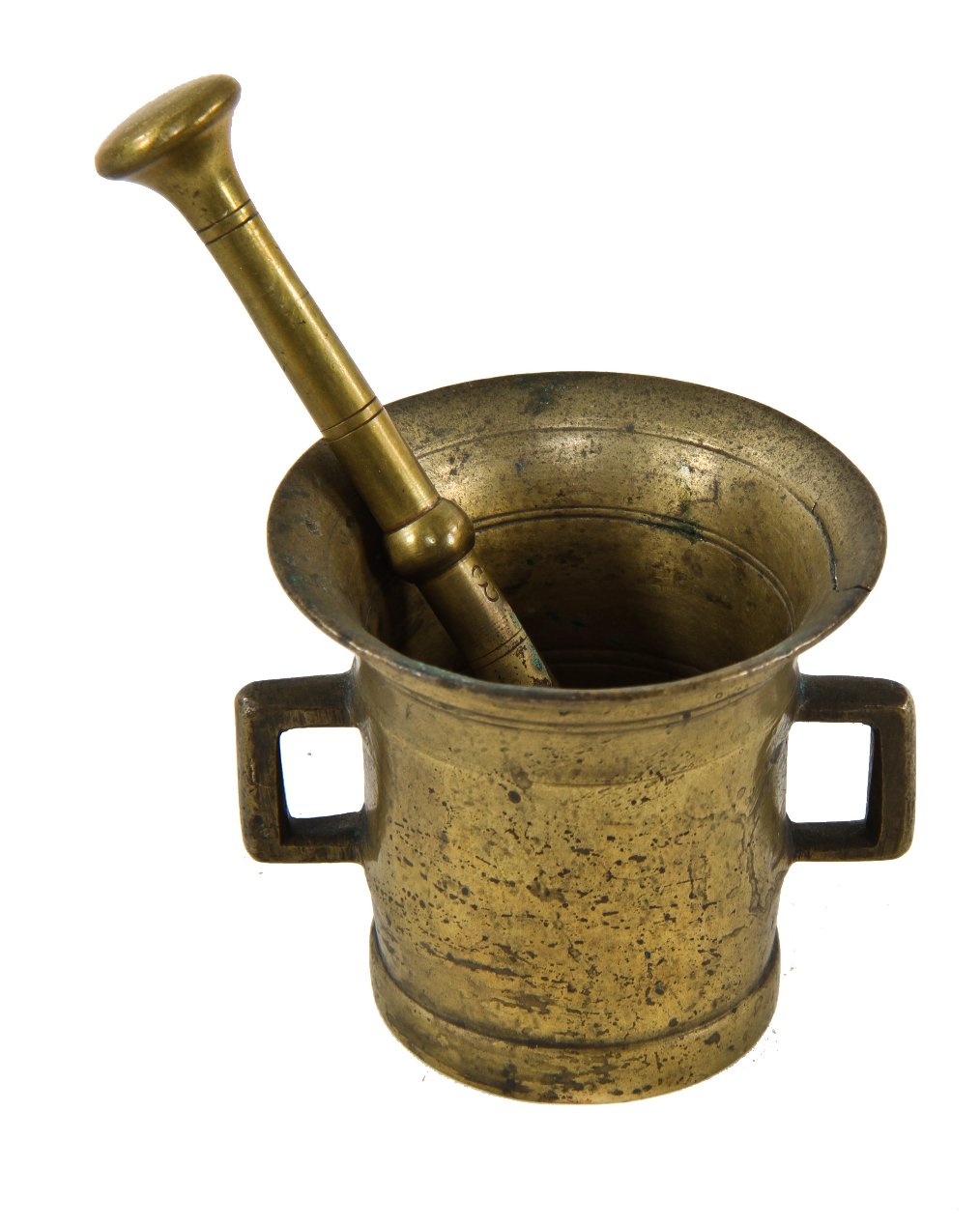 19th century diminutive nicely aged cast and/or wrought yellow brass mortar and matching pestle with with intact opposed lugs