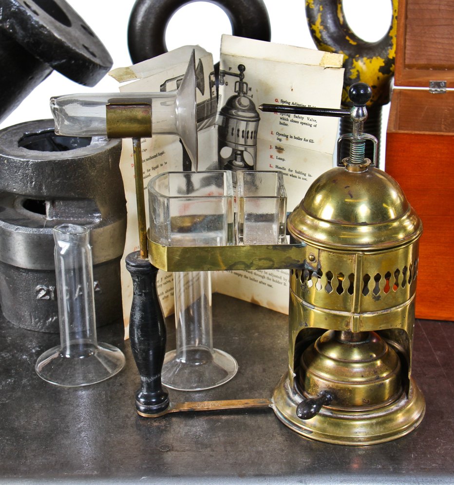 c. 19th century all original and intact antique american medical "phenix" steam atomizer with glassware, instructions and hinged hardwood box