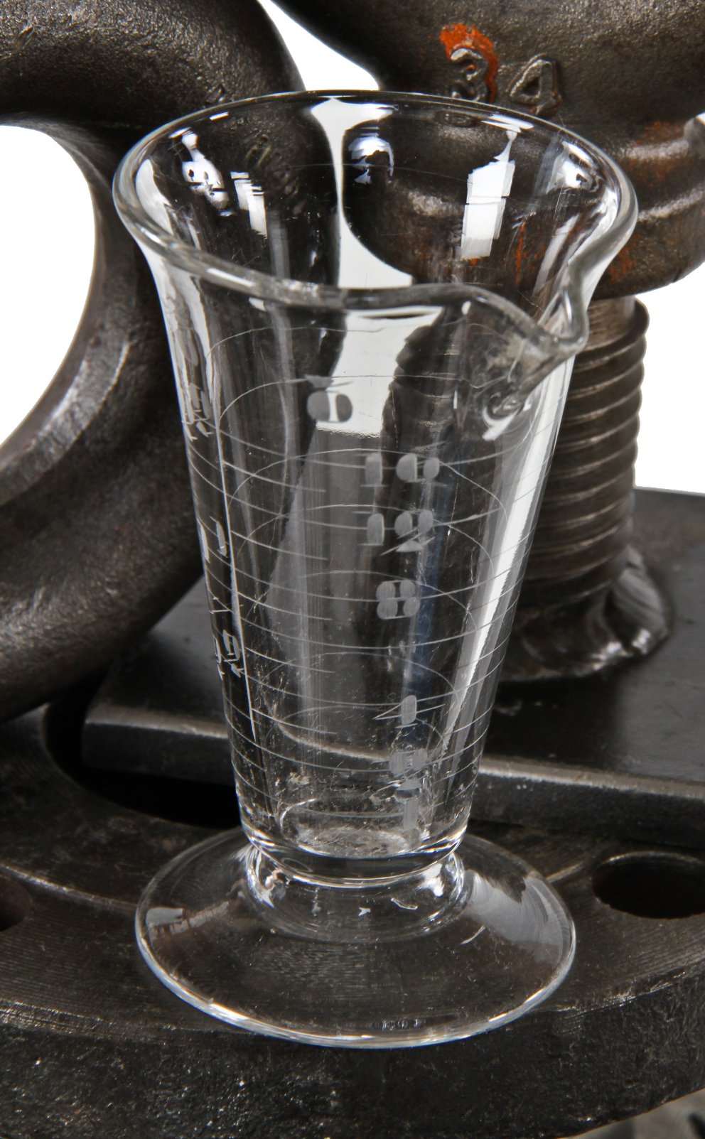 one of several early 20th century antique american pharmacy or research laboratory pressed glass conical-shaped measure with lightly etched markings
