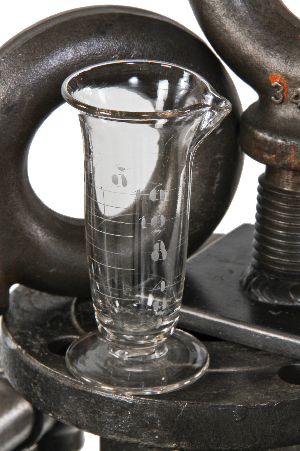 original early 20th century antique american pharmacy or research laboratory medium-sized pressed glass conical-shaped measure with lightly etched markings