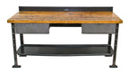 solidly constructed early 1940's american industrial four-legged maple wood pollard workbench with brushed metal finish