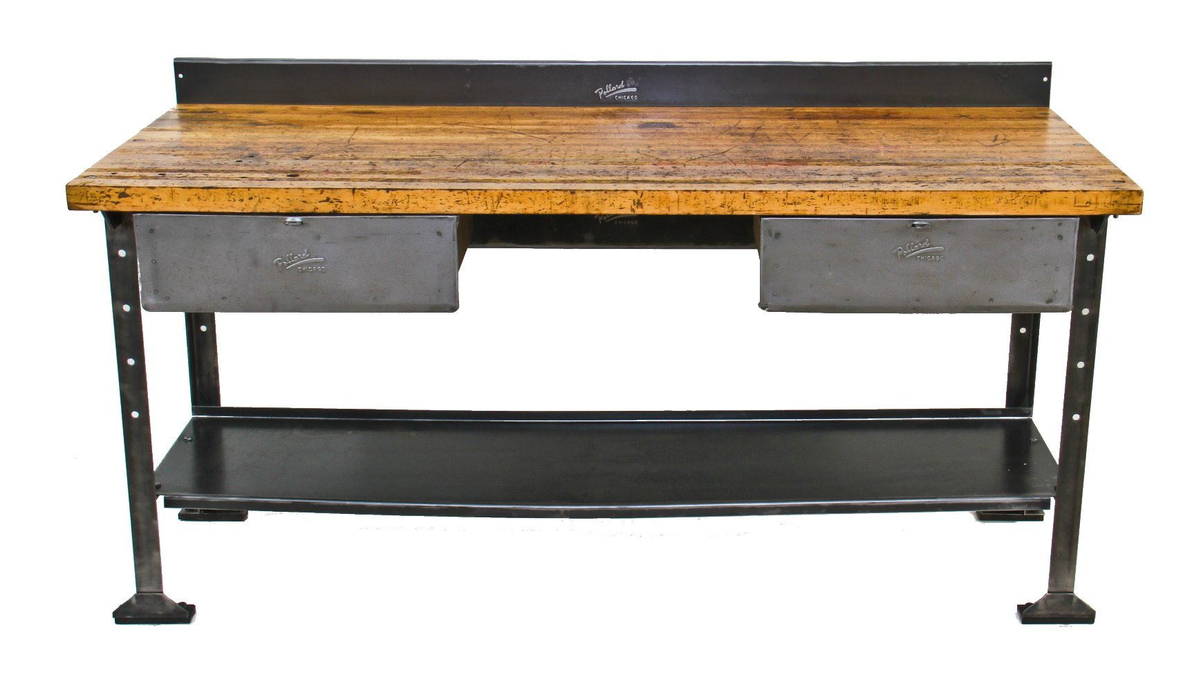 solidly constructed early 1940's american industrial four-legged maple wood pollard workbench with brushed metal finish