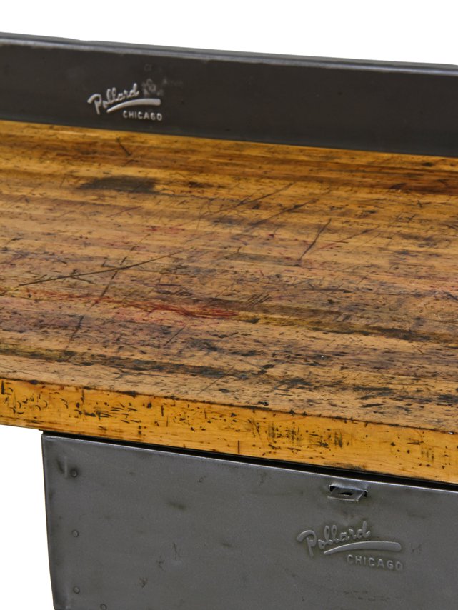 solidly constructed early 1940's american industrial four-legged maple wood pollard workbench with brushed metal finish