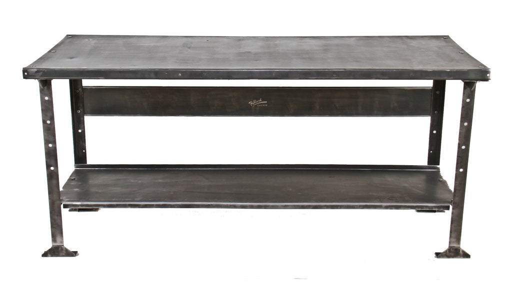 completely refurbished early 1940's american antique industrial all-metal pollard brothers factory workbench with single undershelf