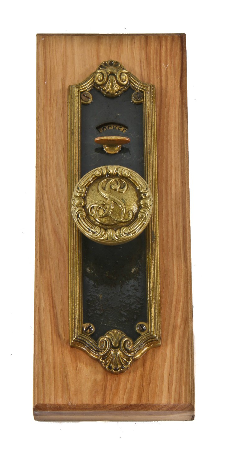 original early 20th century antique american mounted la salle hotel monogrammed cast brass doorknob and matching backplate