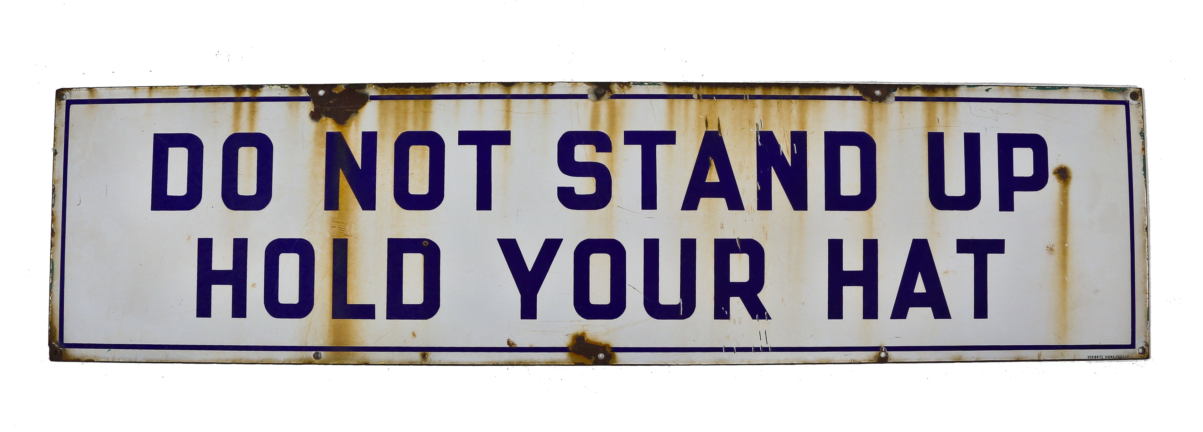 rare and highly collectible c. 1930's american depression-era single-sided riverside amusement park "do not stand up" cautionary porcelain enameled sign