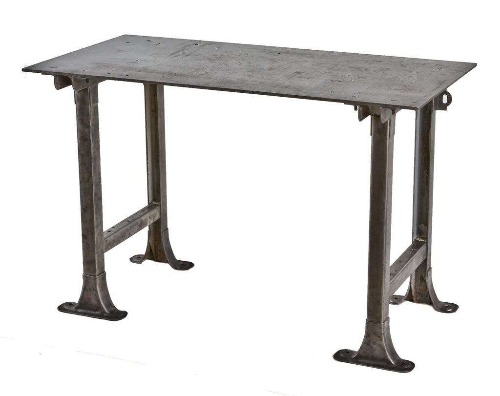 refinished c. 1940's heavy duty american industrial factory machine shop welder's table with pressed and folded tubular steel bases