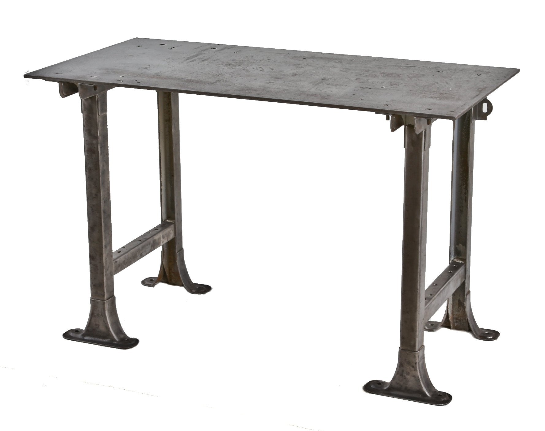 refinished c. 1940's heavy duty american industrial factory machine shop welder's table with pressed and folded tubular steel bases