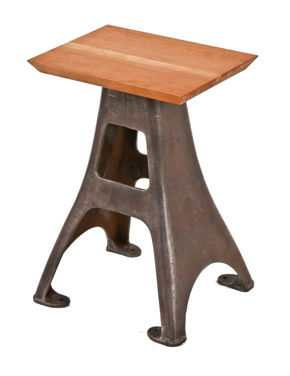 repurposed american vintage industrial low-lying stationary reinforced cast iron "scrap cutter" machine base side table with solid cherry wood top