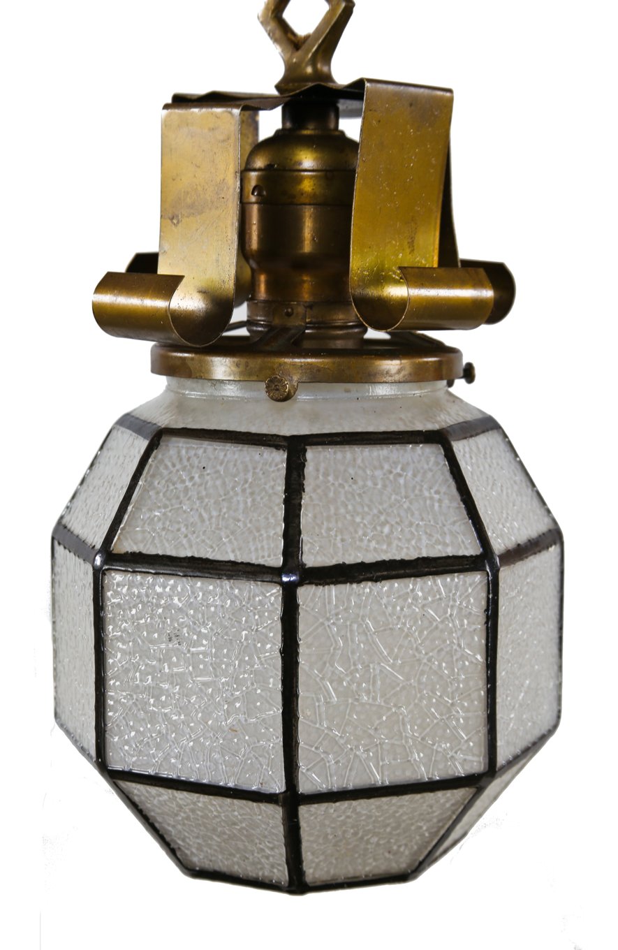 all original early 20th century single interior residential craftsman style electric pedant light with faceted glass shade