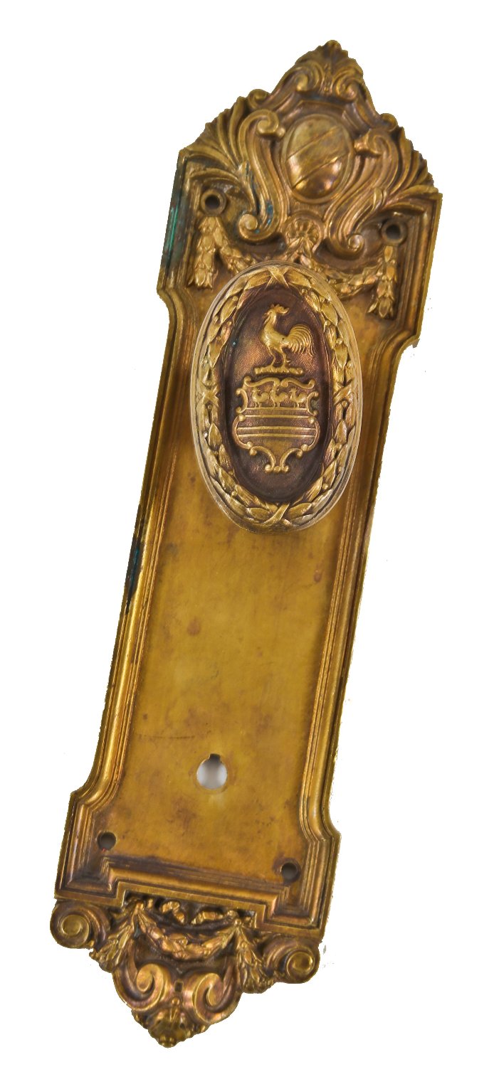 c. 1909 antique american neoclassical style ornamental cast brass blackstone hotel guestroom door escutcheon with matching doorknob