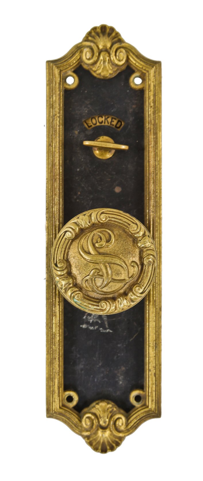 c. 1909 original interior american made historic la salle hotel guestroom door monogrammed brass doorknob and matching backplate