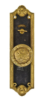 c. 1909 original interior american made historic la salle hotel guestroom door monogrammed brass doorknob and matching backplate