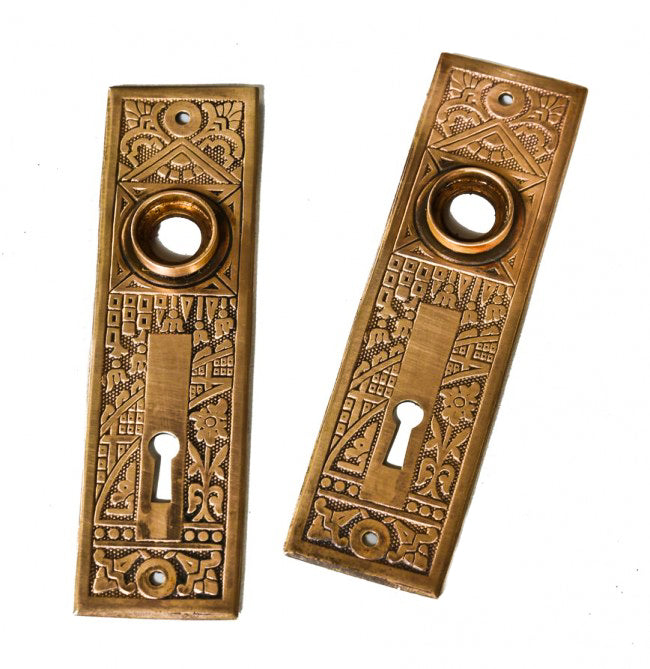 two "ceylon" pattern american antique eastlake style interior residential paneled passage door ornamental wrought brass backplates