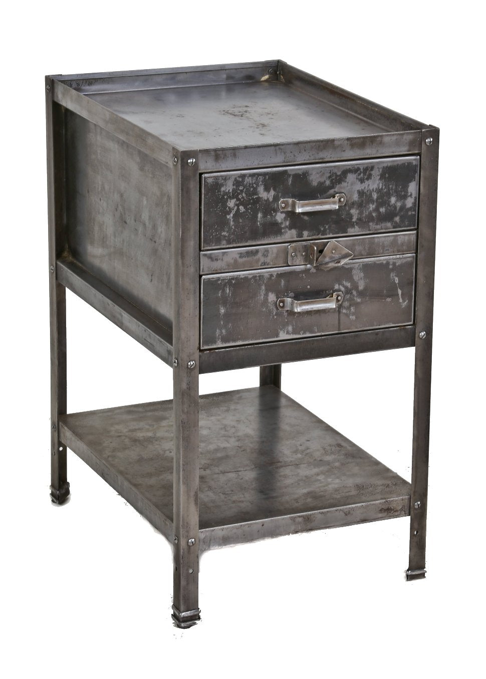 c. 1940's american vintage refinished industrial heavy gauge steel two-drawer stationary factory machine shop tool stand with undershelf