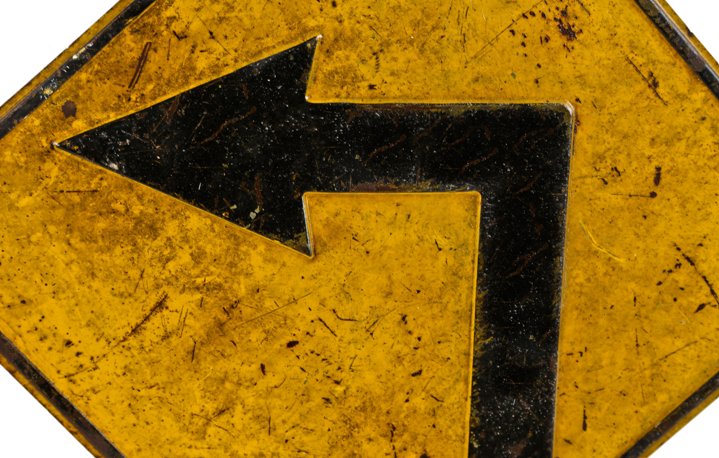 original c. 1940's deeply embossed heavy gauge steel american industrial city of chicago "sharp left turn" cautionary street or traffic sign