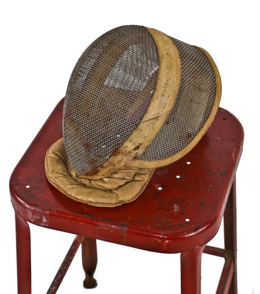 intact c. 1930's antique original american industrial "santelli" steel mesh fencing mask or helmet with stiched and padded canvas bib