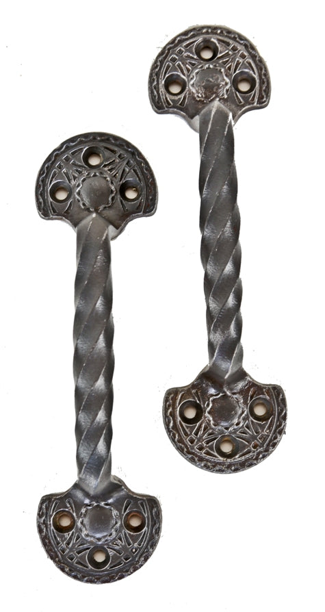 matching pair of late 19th original american antique salvaged chicago louis h. sullivan-designed ornamental cast iron chicago stock exchange building window sash pulls