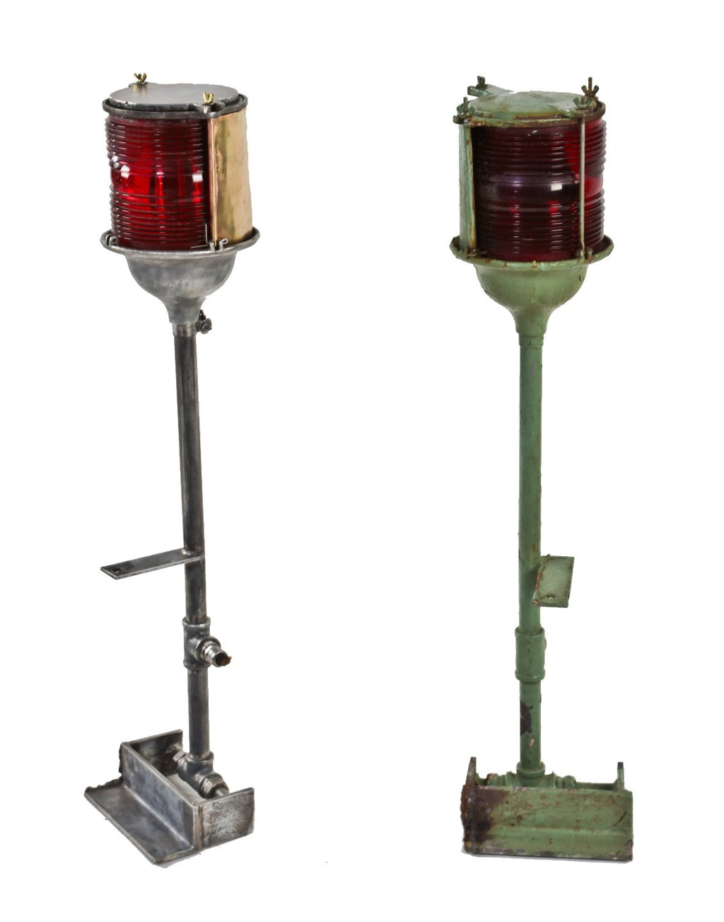 old green enameled c. 1950's american industrial upright barge port side nautical single electric exterior lamp with ribbed ruby red glass cylindrical shade