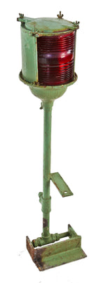 old green enameled c. 1950's american industrial upright barge port side nautical single electric exterior lamp with ribbed ruby red glass cylindrical shade