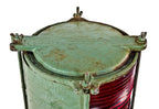 old green enameled c. 1950's american industrial upright barge port side nautical single electric exterior lamp with ribbed ruby red glass cylindrical shade