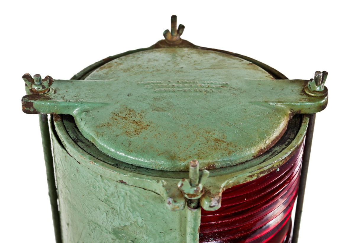 old green enameled c. 1950's american industrial upright barge port side nautical single electric exterior lamp with ribbed ruby red glass cylindrical shade