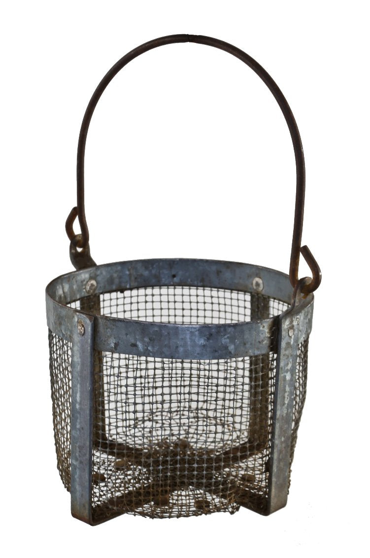 american depression era c. 1930's reinforced riveted joint galvanized steel handheld strainer basket with wire mesh and large bent steel rod drop handle