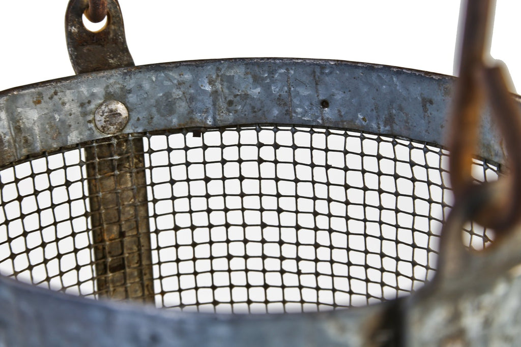 american depression era c. 1930's reinforced riveted joint galvanized steel handheld strainer basket with wire mesh and large bent steel rod drop handle