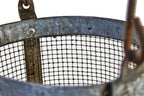 american depression era c. 1930's reinforced riveted joint galvanized steel handheld strainer basket with wire mesh and large bent steel rod drop handle