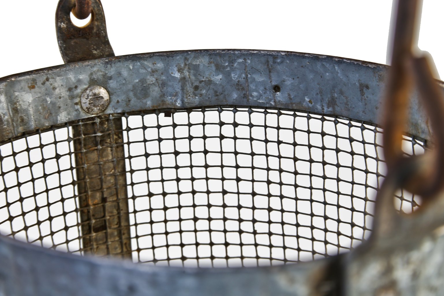 american depression era c. 1930's reinforced riveted joint galvanized steel handheld strainer basket with wire mesh and large bent steel rod drop handle