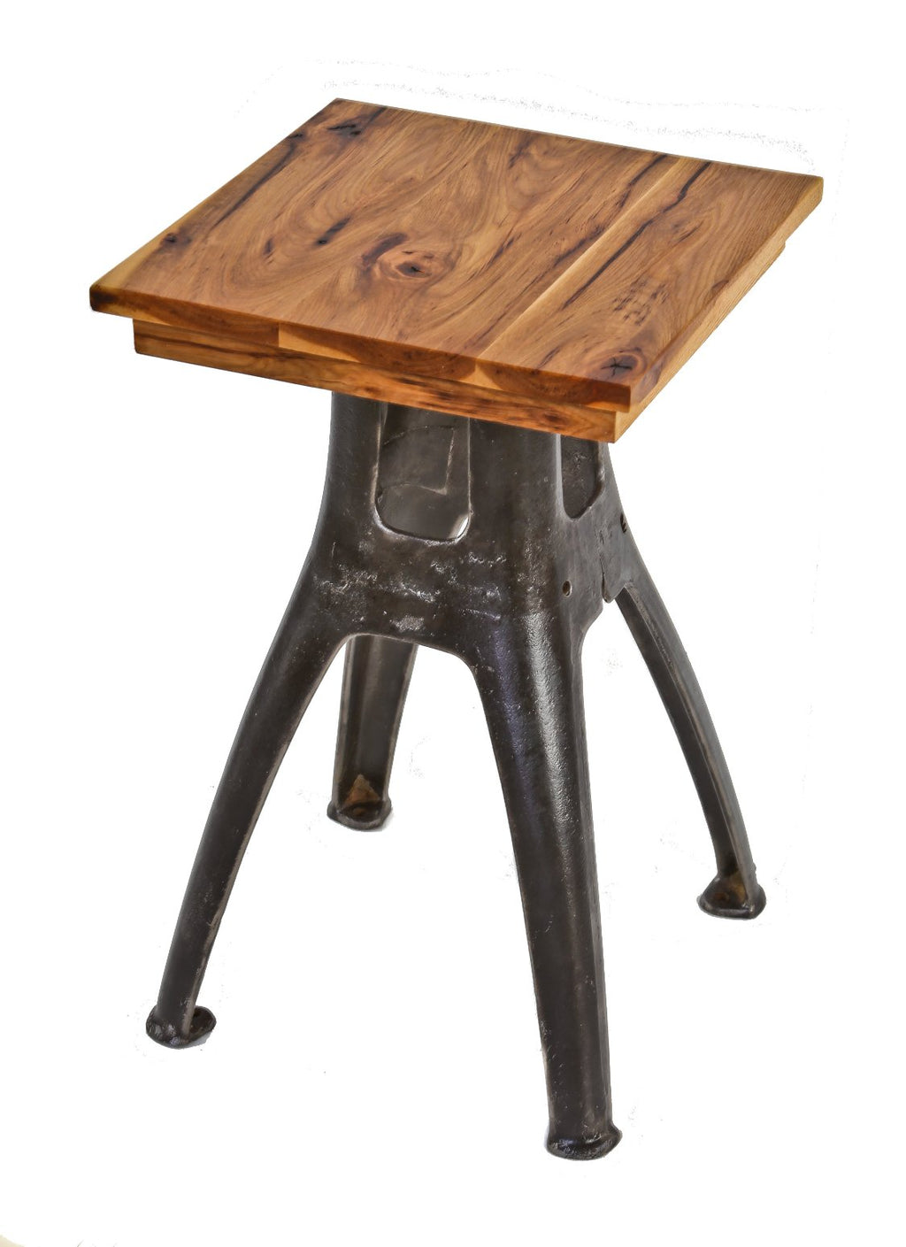 diminutive early 20th century antique american industrial repurposed foot-press machine side or occasional table with newly added hickory wood top