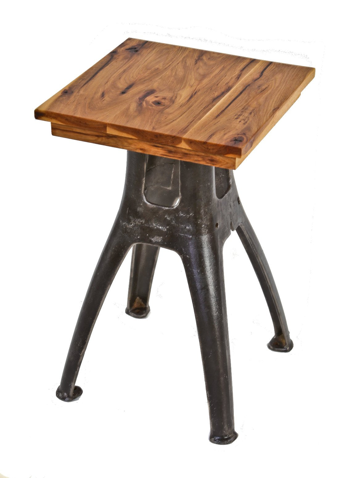 diminutive early 20th century antique american industrial repurposed foot-press machine side or occasional table with newly added hickory wood top