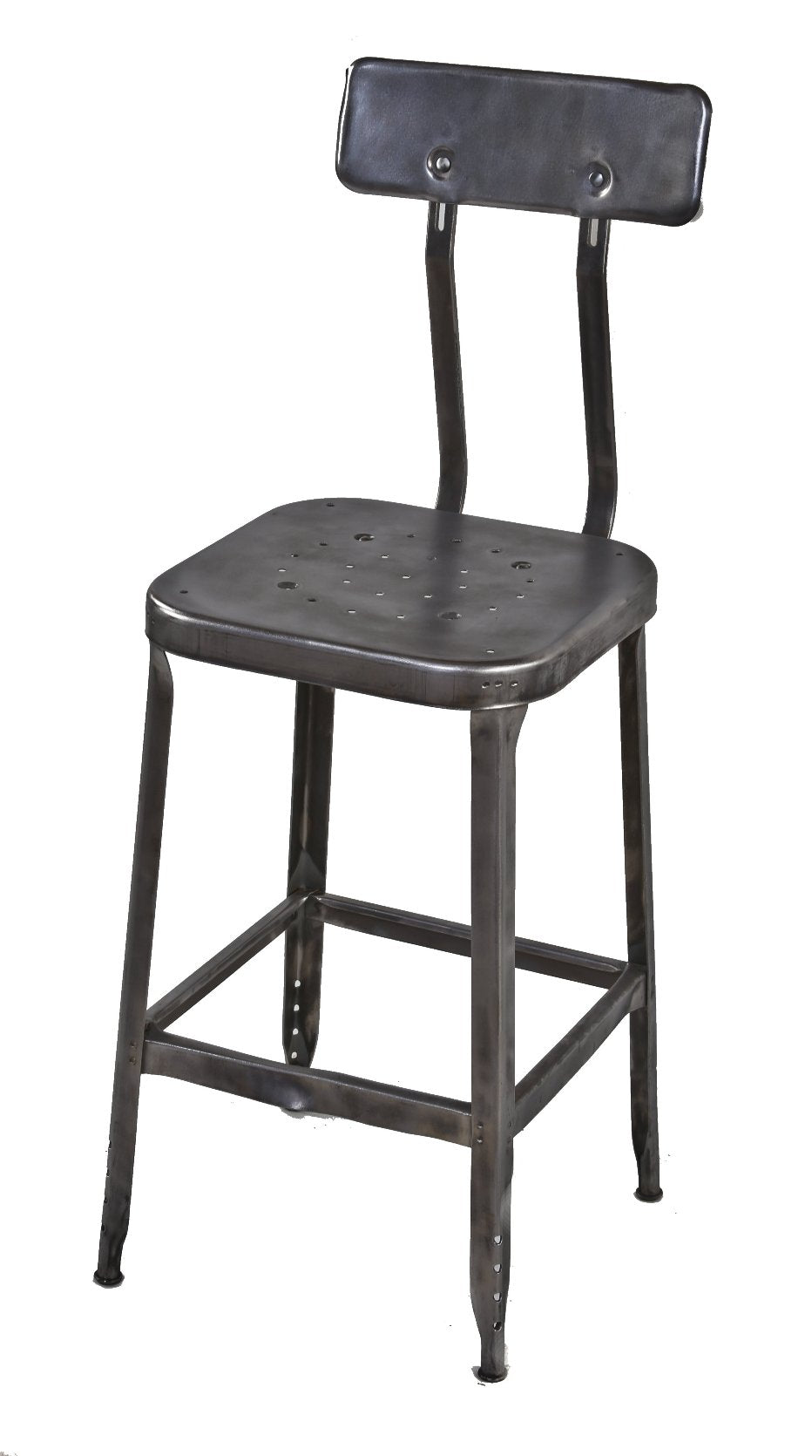 completely refinished original c. 1950's vintage industrial pressed and folded steel "lyon" factory machine shop stool with adjustable backrest
