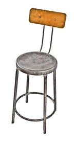 c. 1940's refinished american industrial "royal-chicago" four-legged tubular steel stationary factory workshop stool with contoured wood backrest