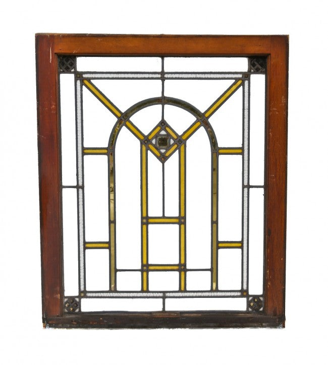 all original and intact american prairie school style strongly geometric interior residential chicago bungalow leaded art glass window with gold leaf sandwich glass accents