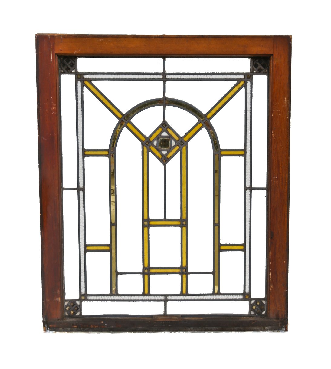 single american prairie school style strongly geometric interior residential chicago bungalow leaded art glass window with gold leaf sandwich glass accent