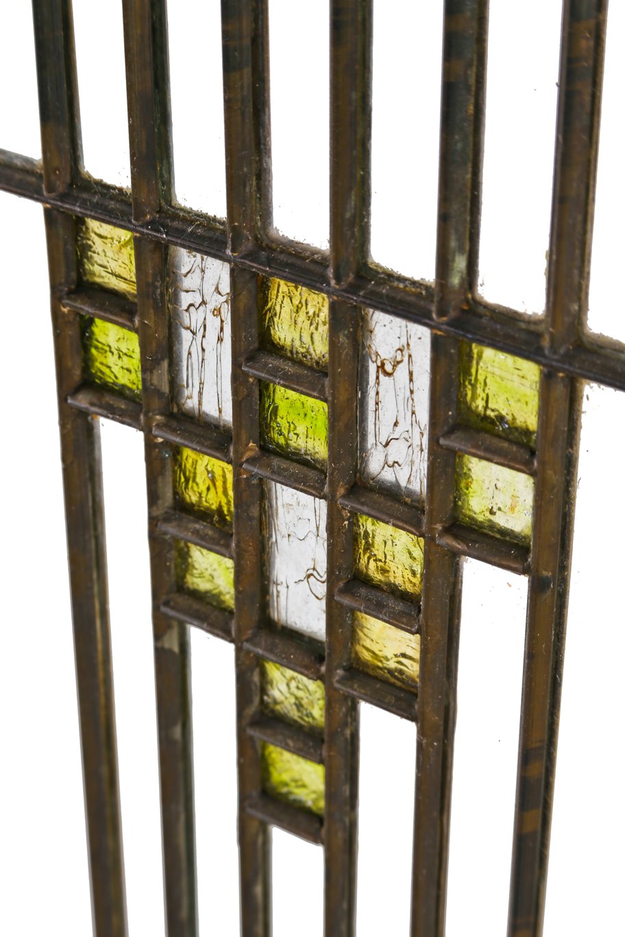 original remarkably well-executed and strongly geometrically designed single "wrightesque" prairie school leaded glass residential cabinet door
