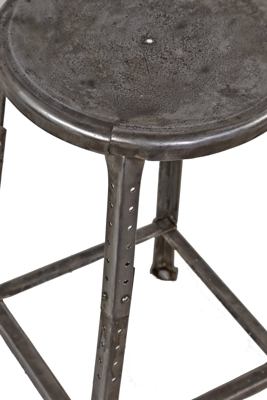 c. late 1920's original american industrial adjustable height pressed and folded brushed and sanded steel factory workman's stool with backrest