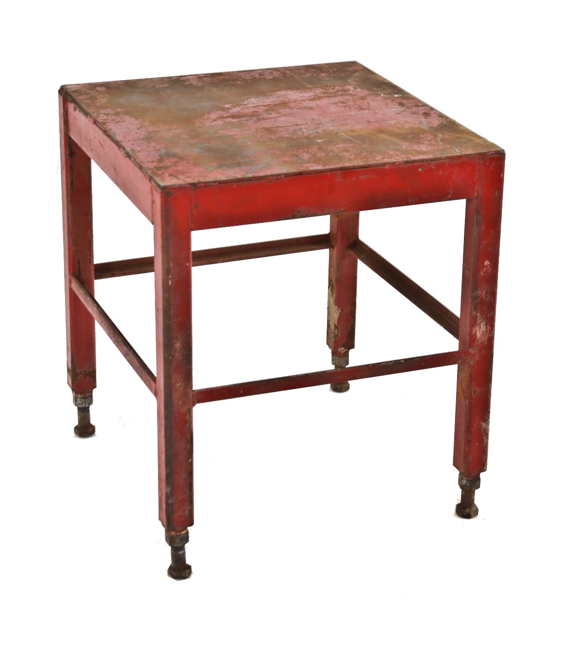 very robust all original and unrestored c. 1930's american antique industrial red painted welded joint four-legged steel table with screw base "feet"