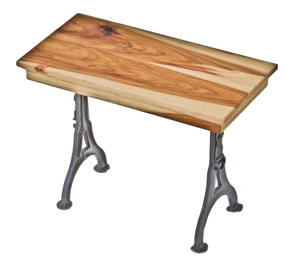 repurposed diminutive antique american industrial freestanding cast iron and wood counter or floor display stand or riser with hickory wood tabletop