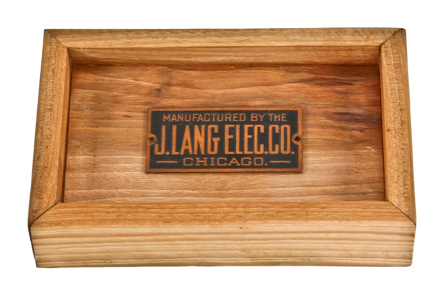 c. 1914 diminutive original chas. a brewer factory singe-sided surface mount switchboard black enameled copper manufacturer plaque with opposed screw holes